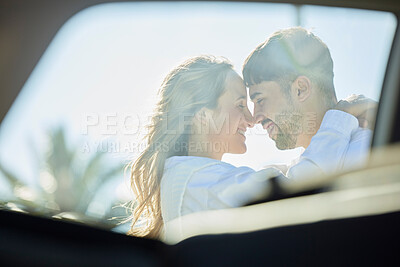 Buy stock photo Couple, love and hug in window for travel, road trip and adventure with car for transport outdoor. Happy face of man and woman with love, care and security on vacation, journey or holiday in summer