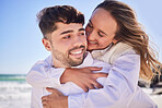 Love, piggyback and happy couple at the beach on date for romance, valentines day or anniversary. Romantic, happiness and young man and woman having fun together by the ocean on holiday in Australia.
