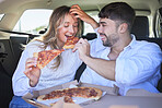 Pizza, love couple eating on a road trip on holiday vacation or romantic lunch date to in a car or vehicle. Travel, fast food or woman bonding enjoying a fun memory a happy partner in summer romance 