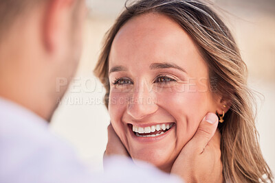 Buy stock photo Love, couple and hands on face for bonding, romance and sweet moment while outdoors together. Happy, woman and man embrace, smile and excited for togetherness, relationship and weekend travel 