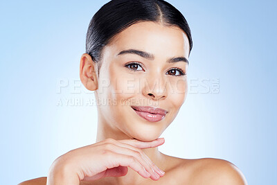 Buy stock photo Portrait, aesthetic and skincare with a model black woman in studio on a blue background for natural treatment. Face, beauty and spa with an attractive young female posing to promote cosmetics