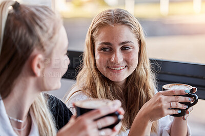 Buy stock photo Coffee cup, couple of friends and happy social date or conversation in morning for gen z lifestyle. Young people or youth women talking together with latte in cafe shop or restaurant on student break