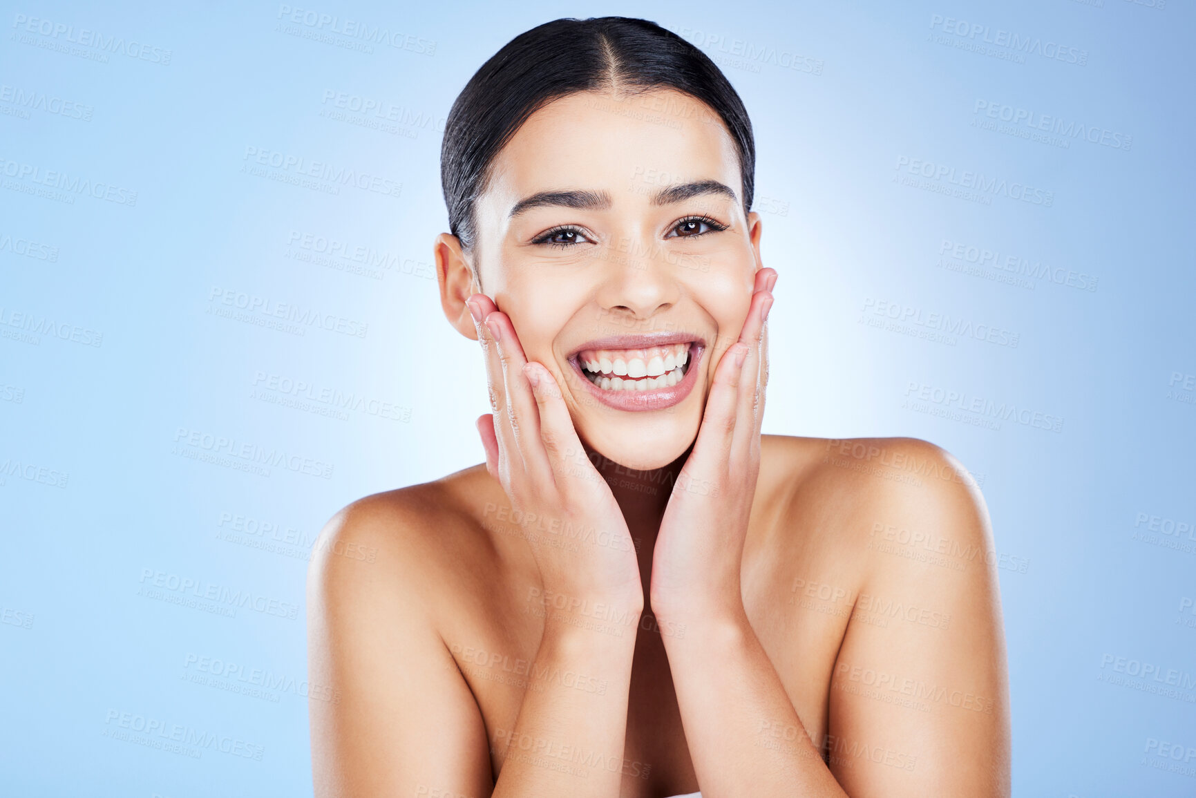 Buy stock photo Beauty, skin care and portrait of woman excited and happy for glow results on blue background. Face of aesthetic model person with spa facial, cosmetics or makeup for health, wellness and dermatology