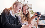 Friends, coffee shop and smile at meme on phone, laugh at joke online and women networking in cafe. Smartphone, technology and communication on internet website, students with cellphone in restaurant