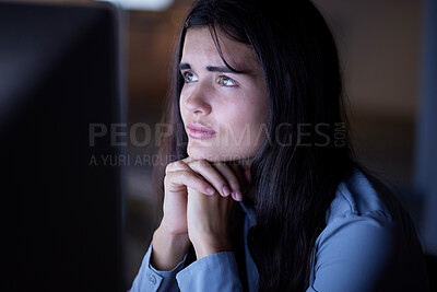 Buy stock photo Thinking, working and woman in office at night reading information on computer while doing research. Overtime, professional and female employee contemplating and planning company report in workplace.