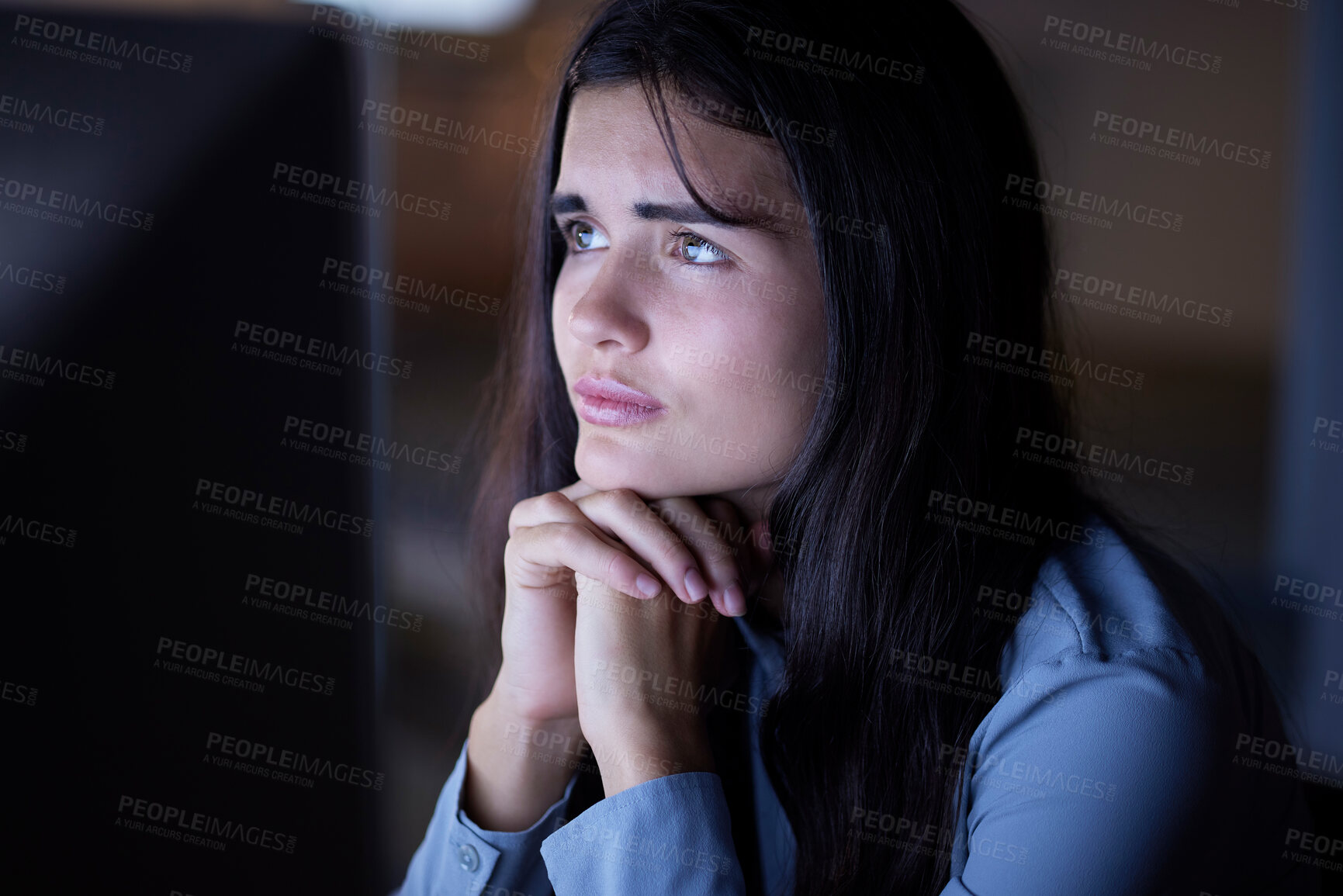 Buy stock photo Thinking, working and woman in office at night reading information on computer while doing research. Overtime, professional and female employee contemplating and planning company report in workplace.
