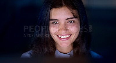 Buy stock photo Smile, dark and woman with a computer at work for web design, coding and programming at night. Happy, development and face of a programmer reading on a computer in an office late for connection