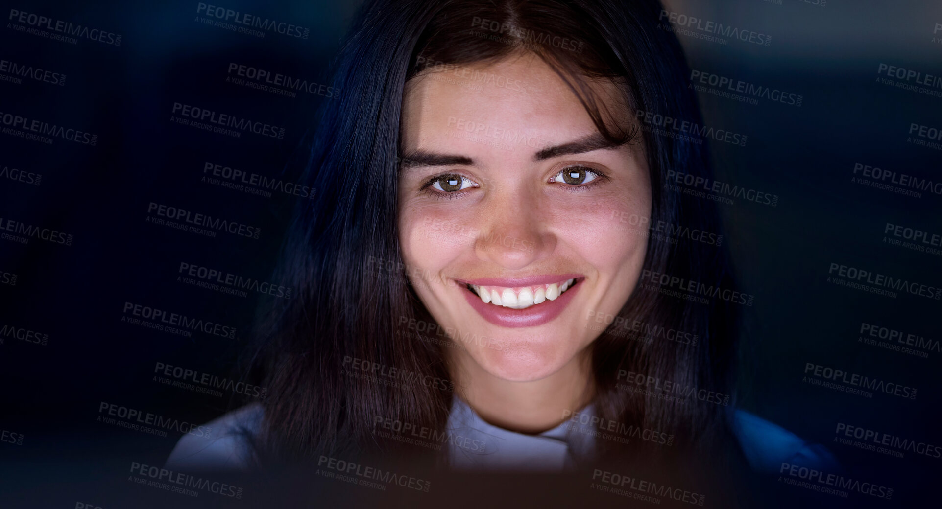 Buy stock photo Smile, dark and woman with a computer at work for web design, coding and programming at night. Happy, development and face of a programmer reading on a computer in an office late for connection