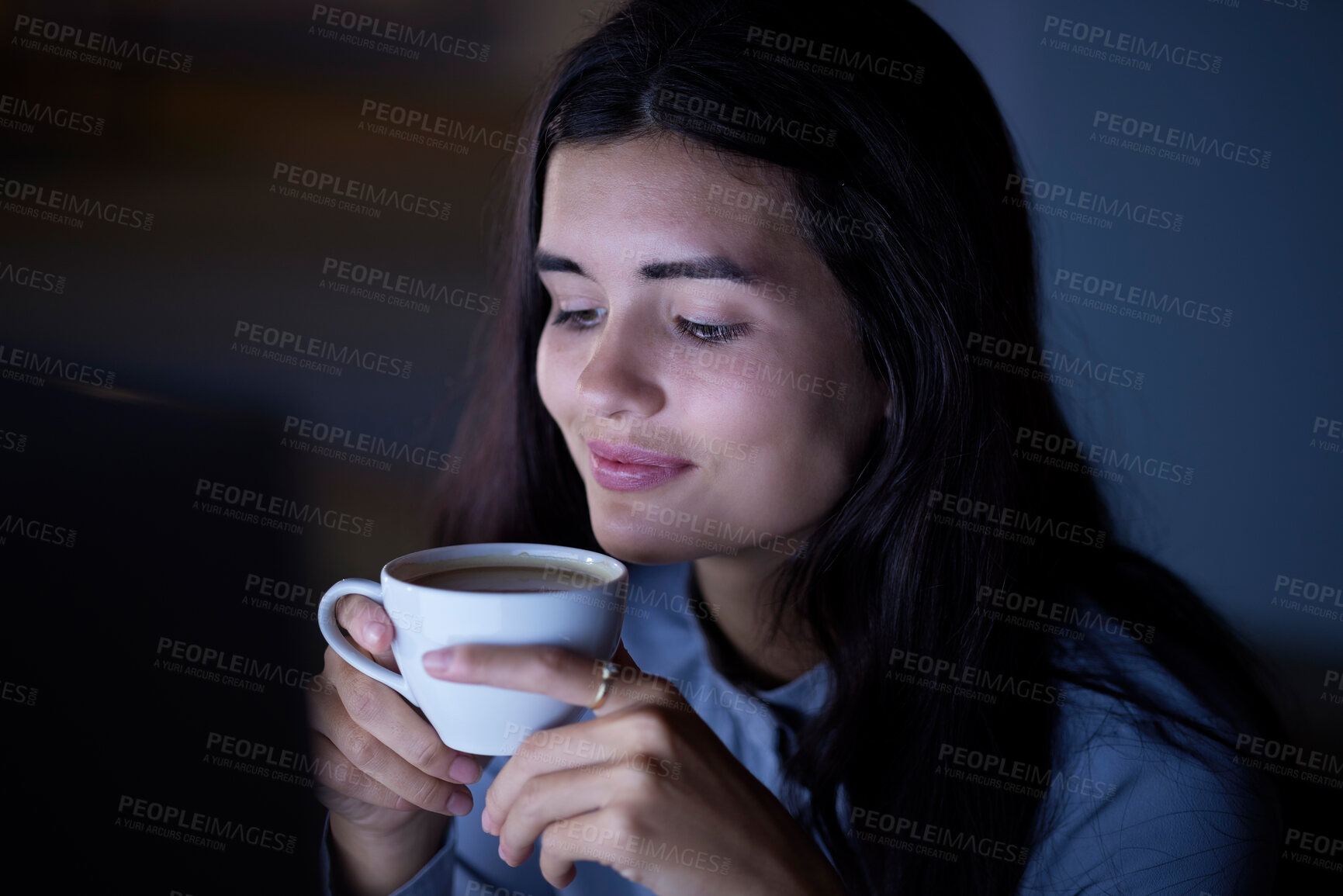 Buy stock photo Night, coffee and business woman in office for planning, overtime and designer deadline. Happy, smile and tea with employee workaholic for networking, innovation and development in corporate company