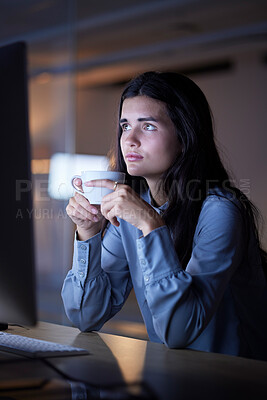 Buy stock photo Coffee, thinking and woman working overtime in newspaper office, drinking for energy and creative ideas and research. Late night work, journalist at desk with cup, deep thought and idea for article.