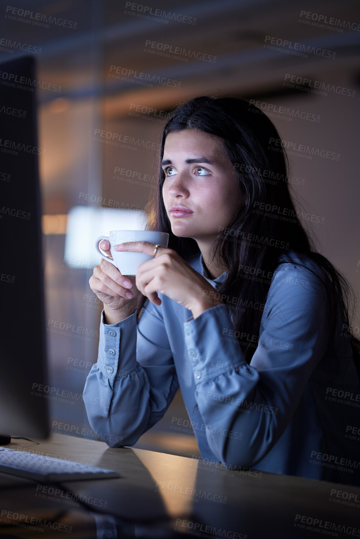Buy stock photo Coffee, thinking and woman working overtime in newspaper office, drinking for energy and creative ideas and research. Late night work, journalist at desk with cup, deep thought and idea for article.
