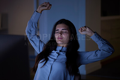 Buy stock photo Tired, night and woman stretching in the office while working late on a project with a deadline. Burnout, fatigue and exhausted professional female business employee ready to sleep in the workplace.