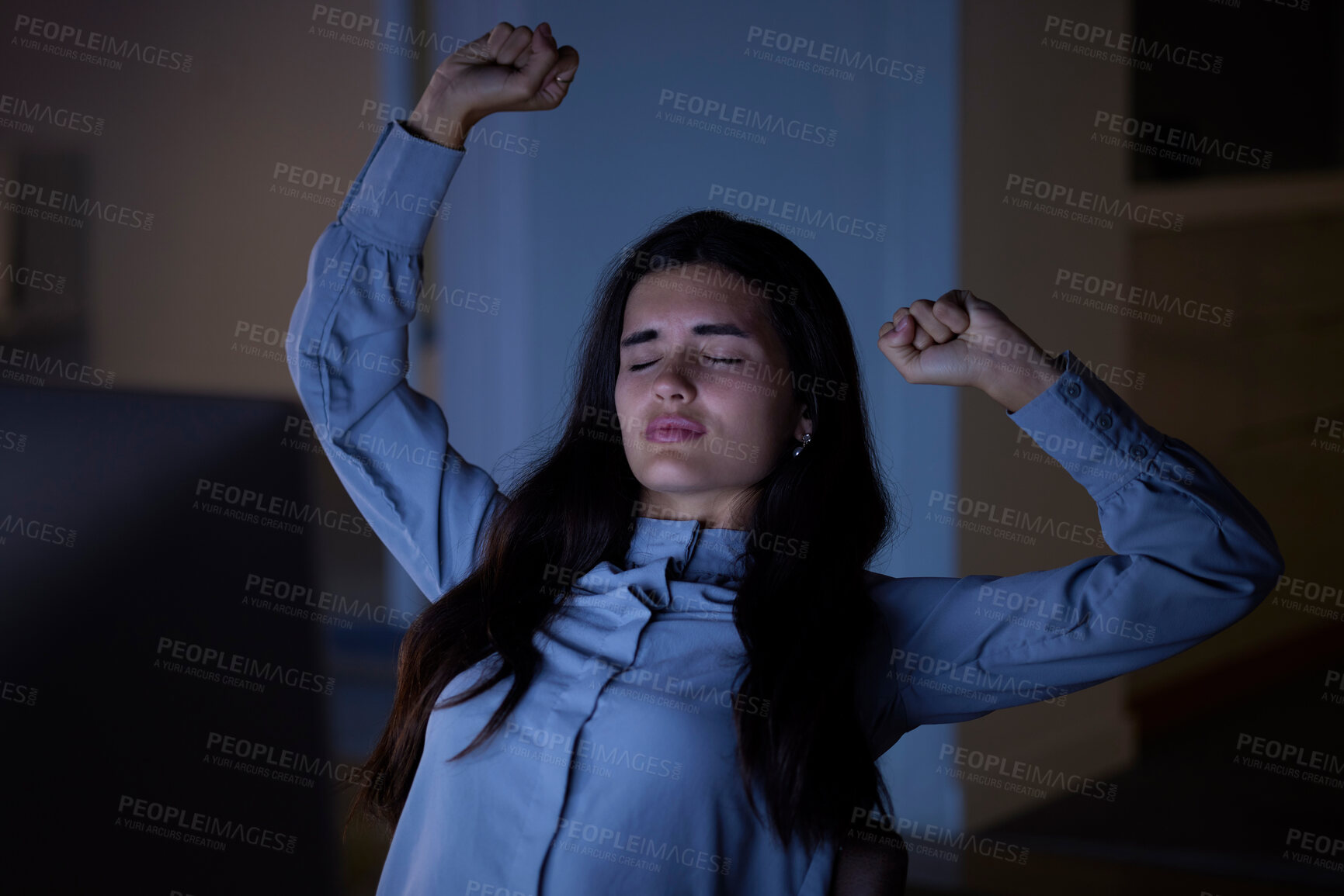 Buy stock photo Tired, night and woman stretching in the office while working late on a project with a deadline. Burnout, fatigue and exhausted professional female business employee ready to sleep in the workplace.