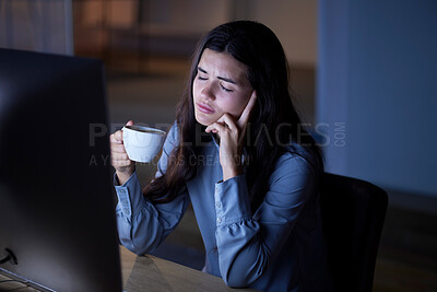 Buy stock photo Night, coffee and exhausted with woman in office for deadline, burnout and overtime goals. Stress, headache and mental health problems with employee at computer for research, overworked or frustrated