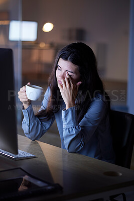 Buy stock photo Night, coffee and tired with woman in office for deadline, burnout and overtime goals. Exhausted, headache and mental health problems with employee at computer for research, overworked and frustrated