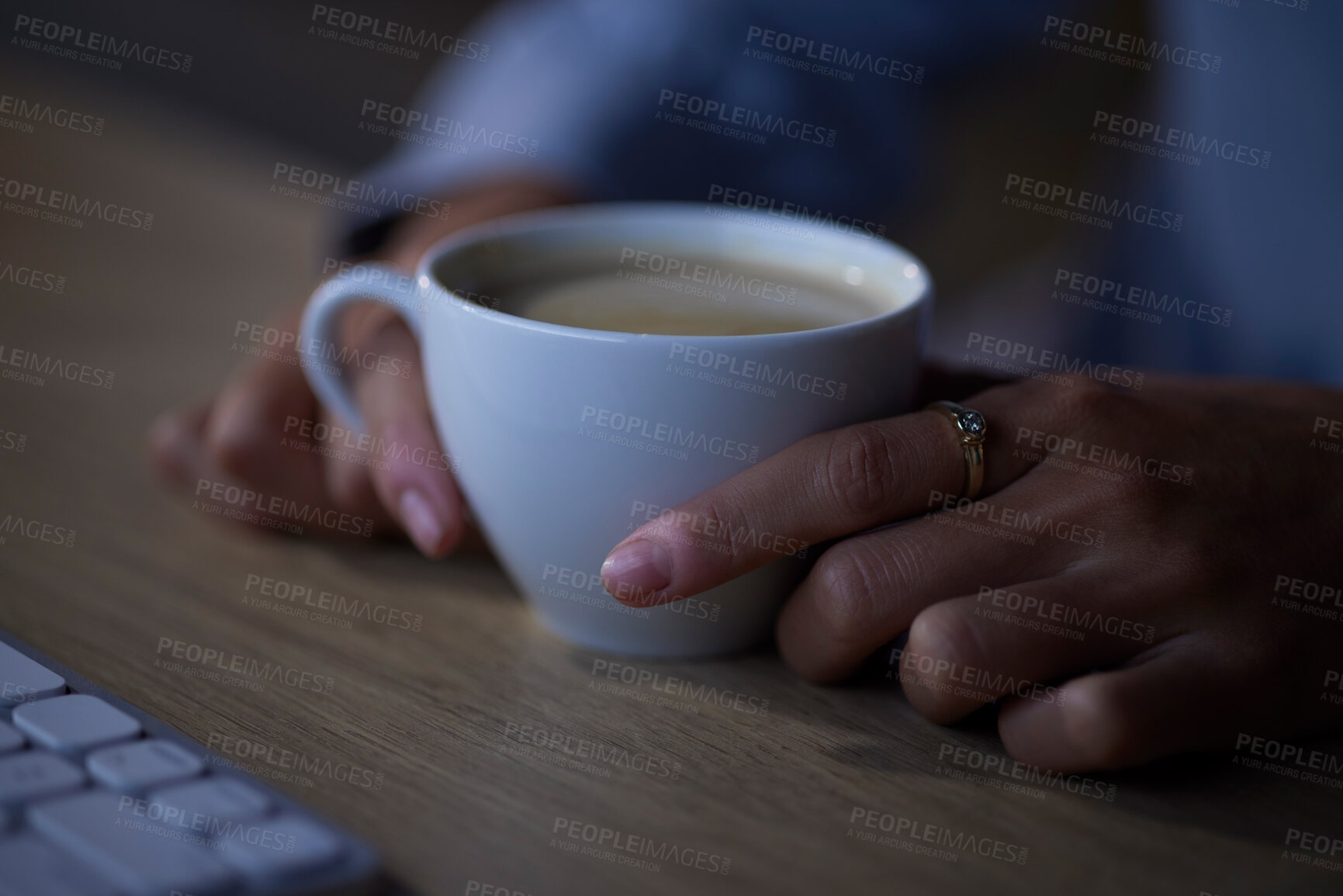 Buy stock photo Woman hands, tea and night computer work of a female freelancer at home with hot drink. House, technology and cup with coffee or cappuccino by a desk with a young person doing remote working   