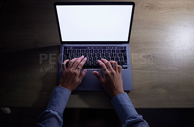 Buy stock photo Person coding with laptop at night, hands typing on keyboard in the dark and internet website with white blank screen. IT student working at desk, online research on pc and top view with copy space