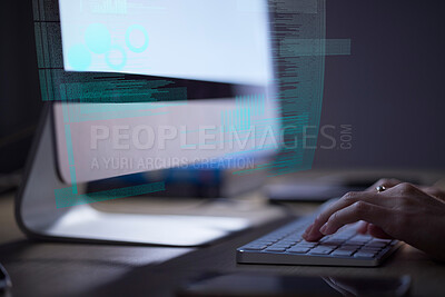 Buy stock photo Person coding website at night, hands typing on keyboard in the dark and internet technology with digital overlay. IT student working on project, online research on computer and future closeup