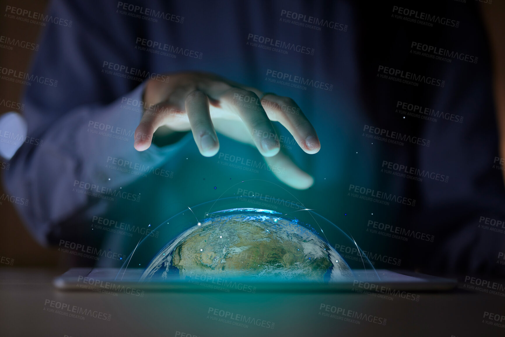 Buy stock photo Hands, earth and 3d tablet world, cyber planet or augmented reality. Globe, technology and business woman with hologram of future sphere for eco friendly, globalization and sustainability in office.