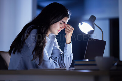 Buy stock photo Business woman at desk, headache and burnout, stress and corporate fatigue, laptop and glitch. Working night, overtime and deadline problem, 404 and tired with overworked employee and frustration