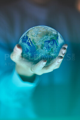 Buy stock photo Hands, earth and 3d digital world, cyber planet or augmented reality. Globe, futuristic and business woman with hologram of future sphere for eco friendly, globalization and sustainability in office.