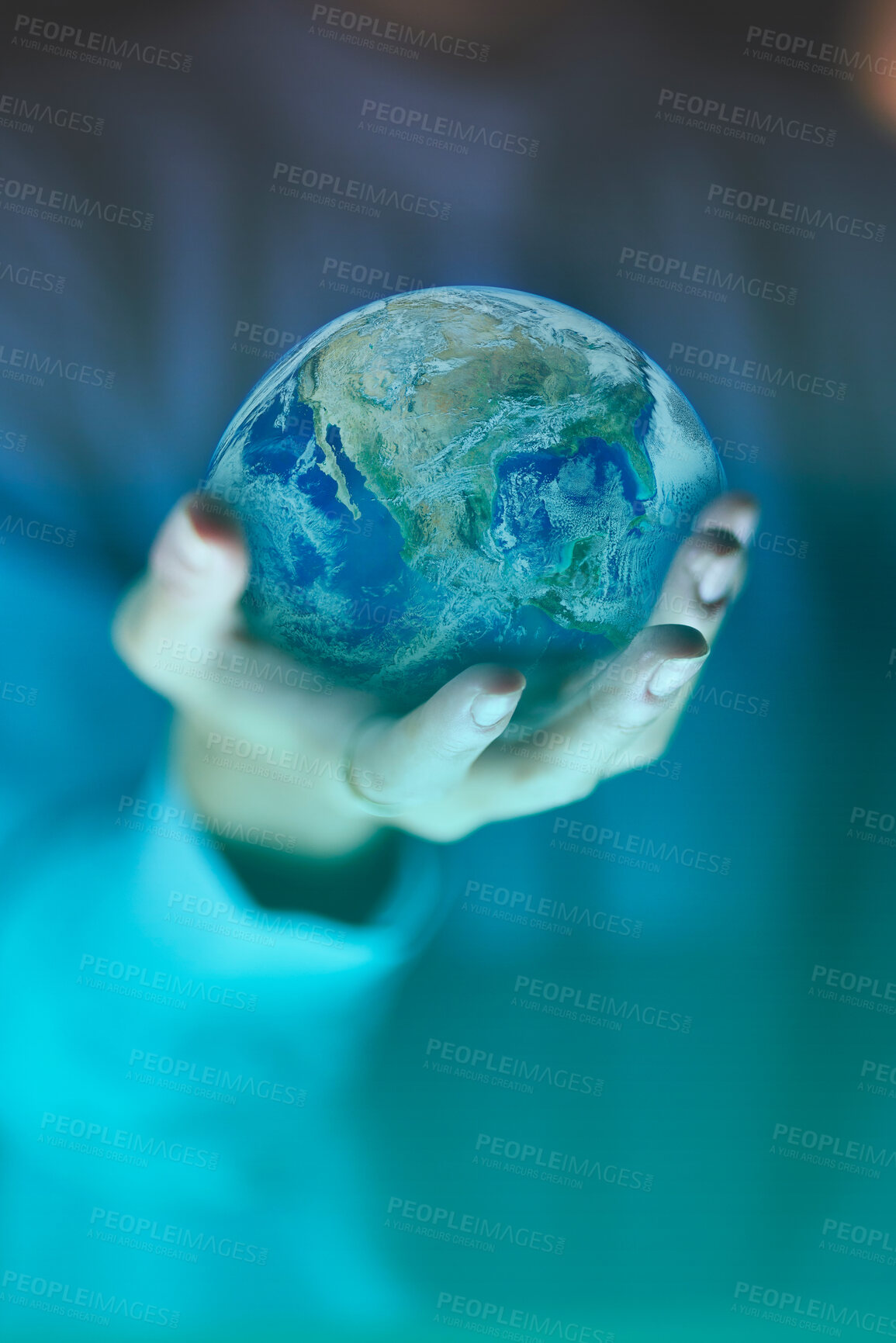 Buy stock photo Hands, earth and 3d digital world, cyber planet or augmented reality. Globe, futuristic and business woman with hologram of future sphere for eco friendly, globalization and sustainability in office.