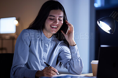 Buy stock photo Phone call, book writing and business woman talking, chatting or speaking to contact in office at night. Technology, notebook and female employee with mobile smartphone for networking or discussion.