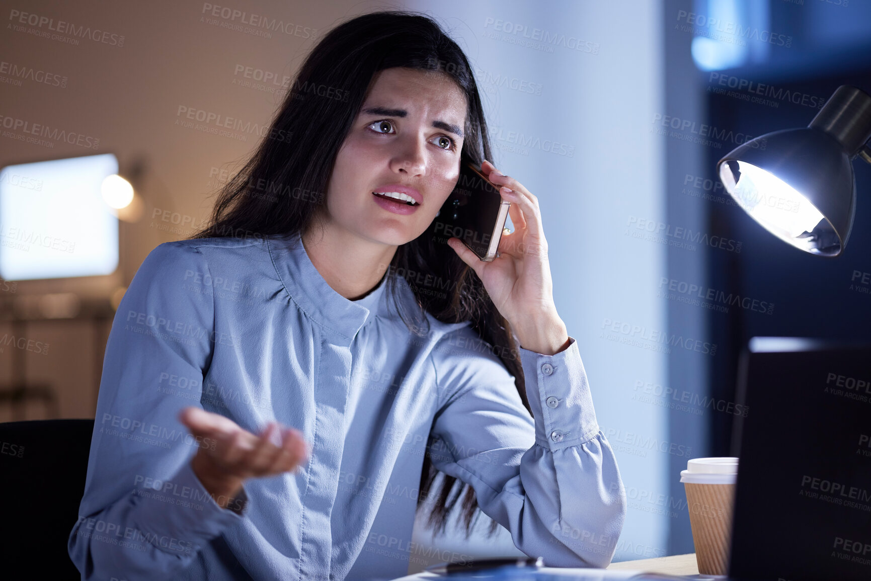 Buy stock photo Phone call, question and angry business woman talking, chatting or speaking to contact in office at night. Technology, questions and upset or confused female with mobile for networking or discussion.
