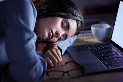Buy stock photo Sleep, tired and business woman in office resting after working late on laptop at night. Sleeping, relax and female employee with fatigue, burnout or exhausted, overworked and nap, asleep or sleepy.