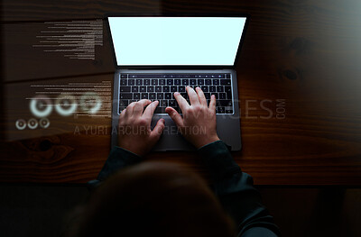 Buy stock photo Night, mockup and hands of woman with laptop with overlay for cyber security, software and future from above. Planning, database and chart with employee typing for technology, digital and internet