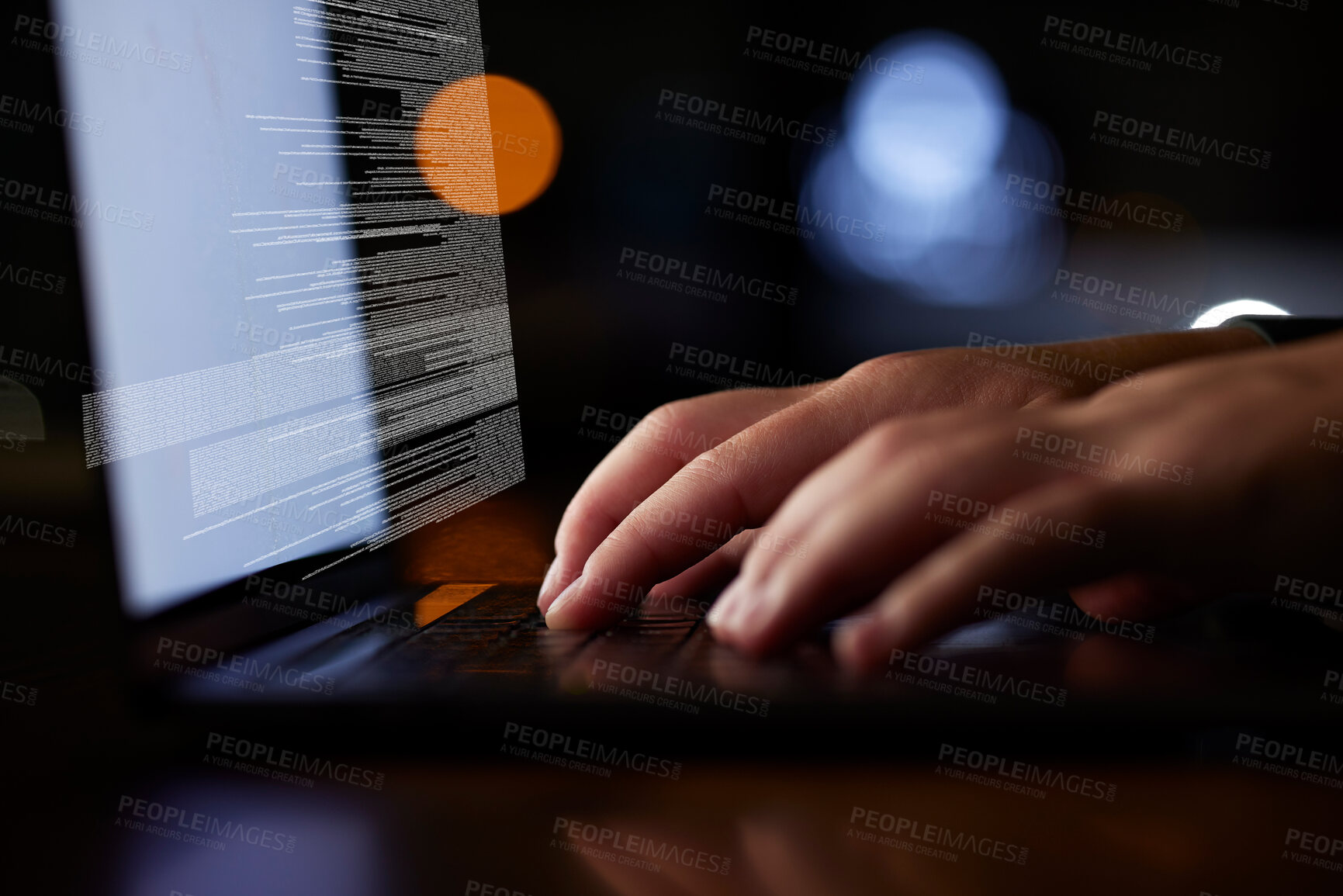 Buy stock photo Laptop, coding and hands typing at night with information technology, programming and cybersecurity overlay. Person on computer closeup for software development, tech research and big data analysis