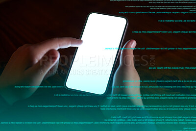 Buy stock photo Phone, data and overlay with a person doing a cloud computing search for information technology. Hands, mobile and cyber security for communication, networking on software programming and coding