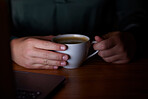 Energy, night and hands with coffee at work for business, deadline and working a late shift. Drink, project and person at an office with a latte, warm beverage or drinking tea while doing overtime