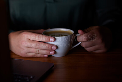 Buy stock photo Energy, night and hands with coffee at work for business, deadline and working a late shift. Drink, project and person at an office with a latte, warm beverage or drinking tea while doing overtime