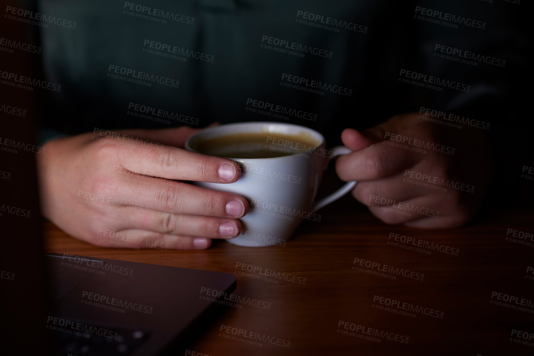 Buy stock photo Energy, night and hands with coffee at work for business, deadline and working a late shift. Drink, project and person at an office with a latte, warm beverage or drinking tea while doing overtime