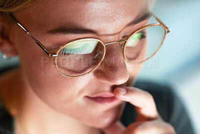 Buy stock photo Woman, thinking and night in office with closeup for ideas, brainstorming and working late for planning. Corporate finance expert, insurance expert and focus in headshot at workplace for research