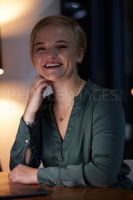 Buy stock photo Night, smile and portrait of woman in office for business, overtime and corporate vision. Happy, professional and management with employee working at desk for goals, future and confident in company