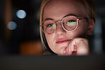 Night, office and woman with laptop reflection in her glasses while working overtime on a project. Technology, late and professional business female planning corporate report on computer in workplace