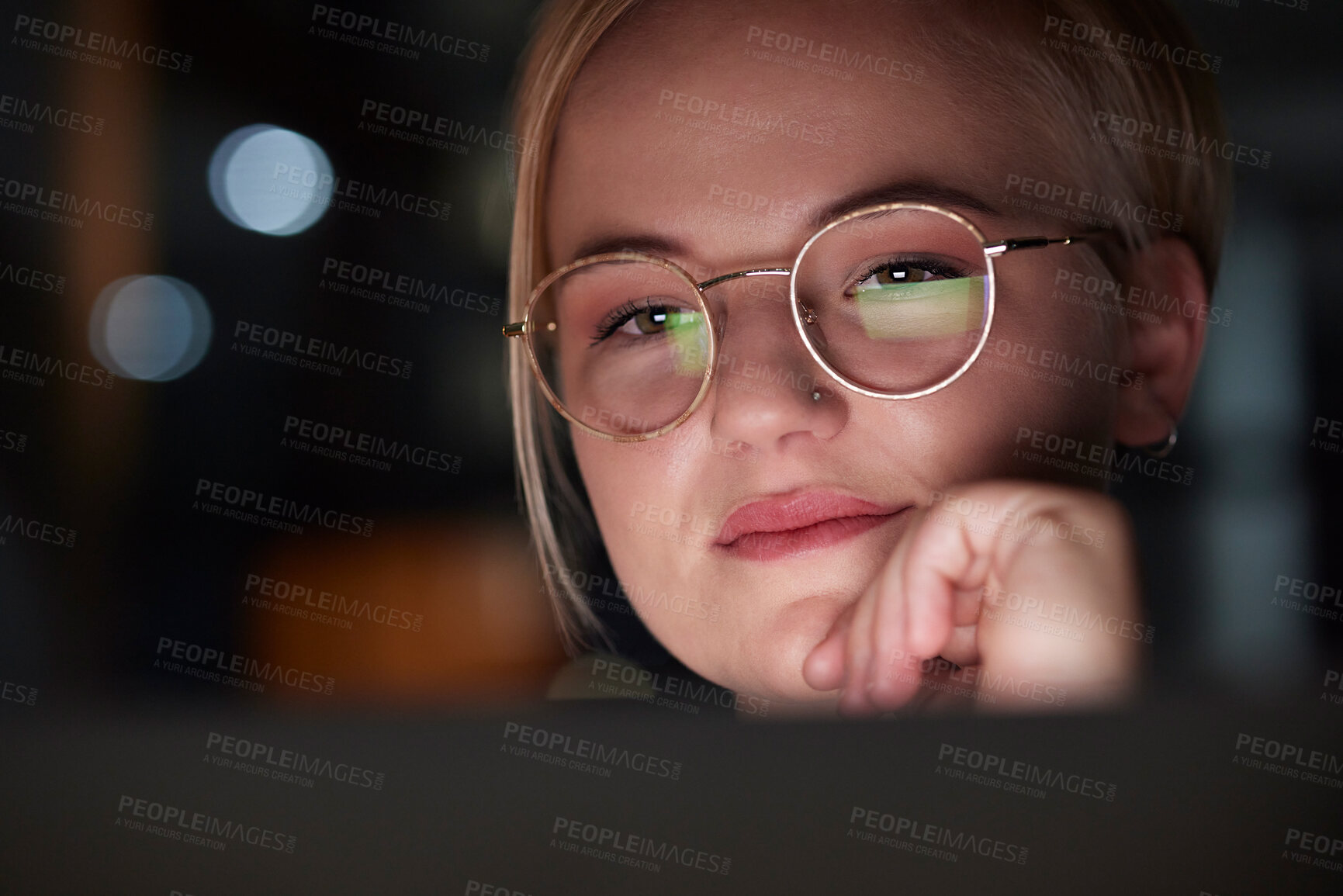 Buy stock photo Night, office and woman with laptop reflection in her glasses while working overtime on a project. Technology, late and professional business female planning corporate report on computer in workplace