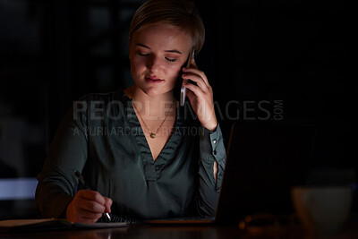 Buy stock photo Night, phone call and woman writing, planning and working on project, confirm deadline and schedule. Dark, female manager and leader with smartphone, overworked and conversation for ideas and startup