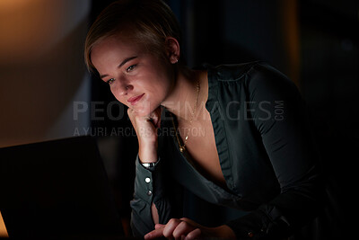 Buy stock photo Blackout, night and woman working in the evening doing remote work from home, house or apartment late. Person, workaholic and female entrepreneur typing on laptop in the dark due to power cut