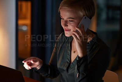 Buy stock photo Overtime, phone call and woman with laptop working late night in dark office, crm and networking in conversation. Technology, communication and happy businesswoman on smartphone and smile at work