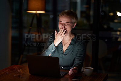 Buy stock photo Tired, late and woman working on a laptop, yawning and feeling burnout in a dark office. Sleepy, overworked and employee with fatigue doing overtime for a project deadline at night on a computer