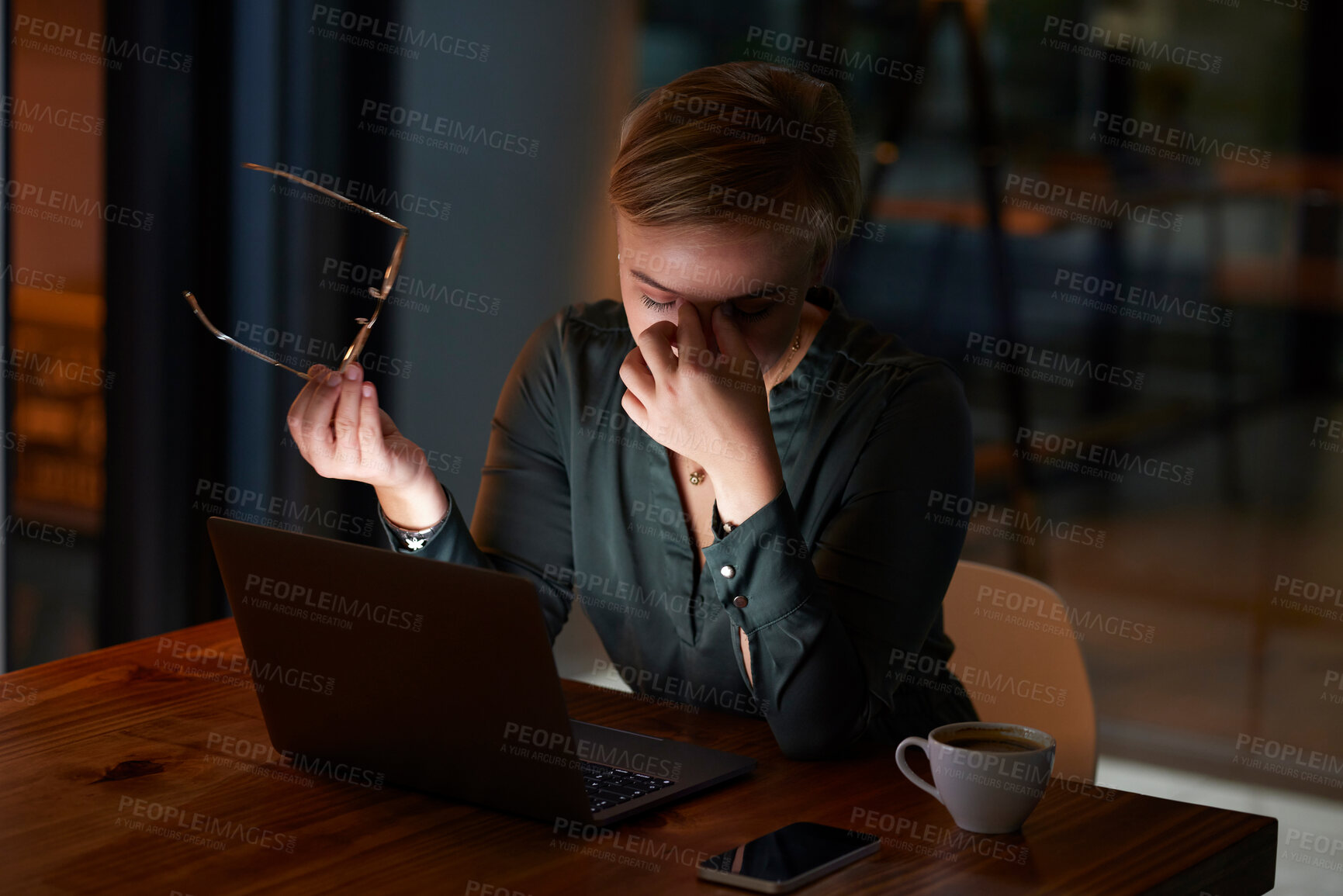 Buy stock photo Tired, dark and woman with a headache, laptop and burnout from work stress in the office. Business, migraine and employee with pain from reading an email at night, overtime problem and anxiety
