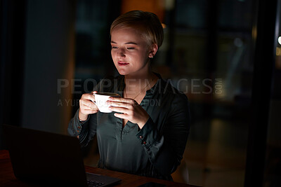 Buy stock photo Night, business and woman with laptop, coffee and new project with ideas, sales growth and planning for advertising campaign. Dark, female employee and manager with device, tea and online reading