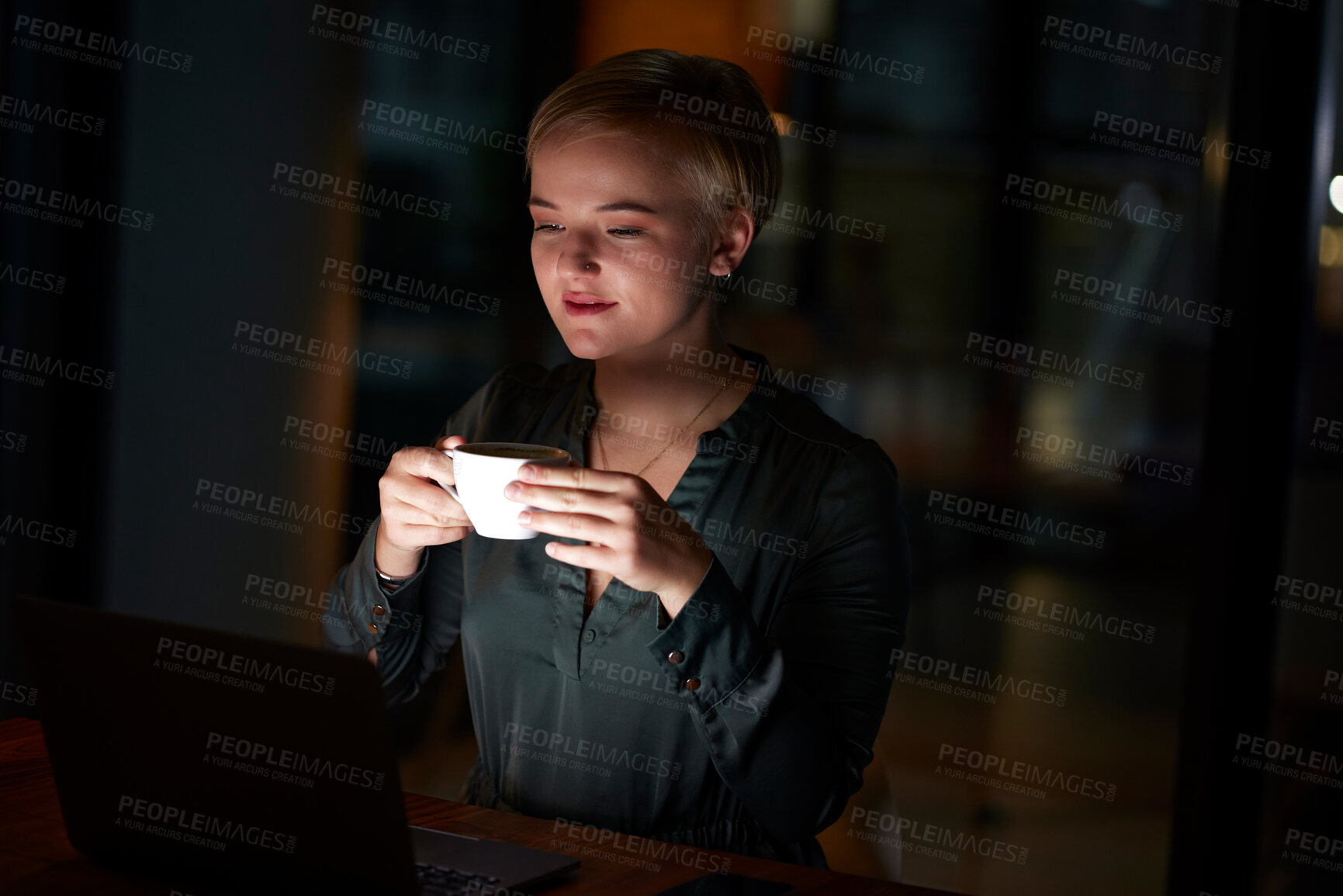 Buy stock photo Night, business and woman with laptop, coffee and new project with ideas, sales growth and planning for advertising campaign. Dark, female employee and manager with device, tea and online reading