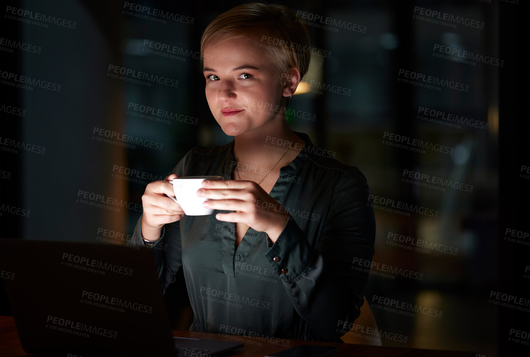 Buy stock photo Coffee, serious and woman in dark office working late night,  commitment and dedication with time management. Portrait of businesswoman, overtime and relax on tea break at evening work at startup.