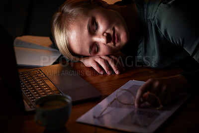 Buy stock photo Night, sleeping and tired woman at desk and laptop while planning, working on report and business research. Professional person, employee or worker with fatigue, low energy or time management problem