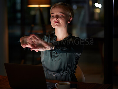 Buy stock photo Woman stretching at her office desk for health, muscle wellness and calm night energy for work life balance. Young business worker, employee or person at workplace relax, healing and self care