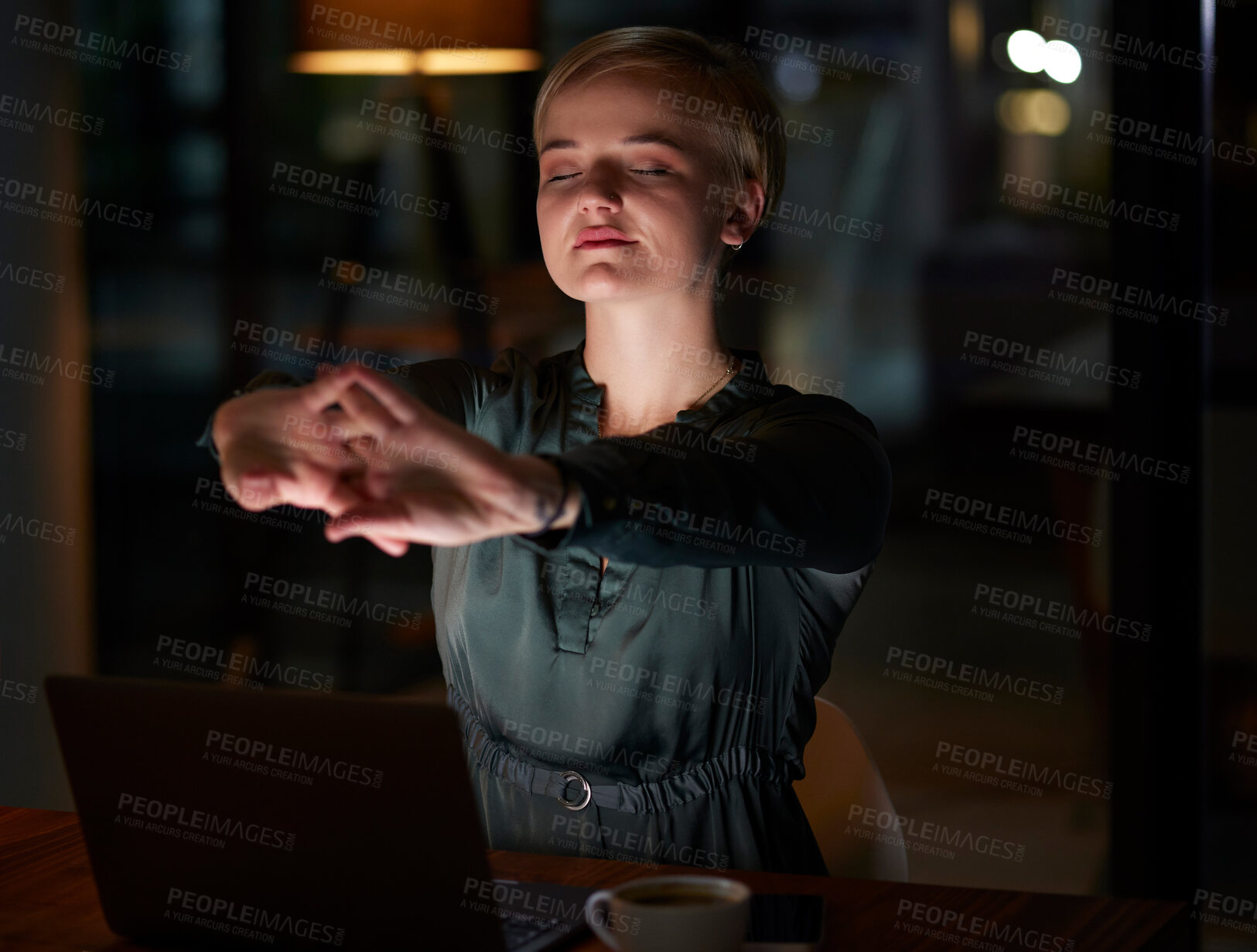 Buy stock photo Woman stretching at her office desk for health, muscle wellness and calm night energy for work life balance. Young business worker, employee or person at workplace relax, healing and self care